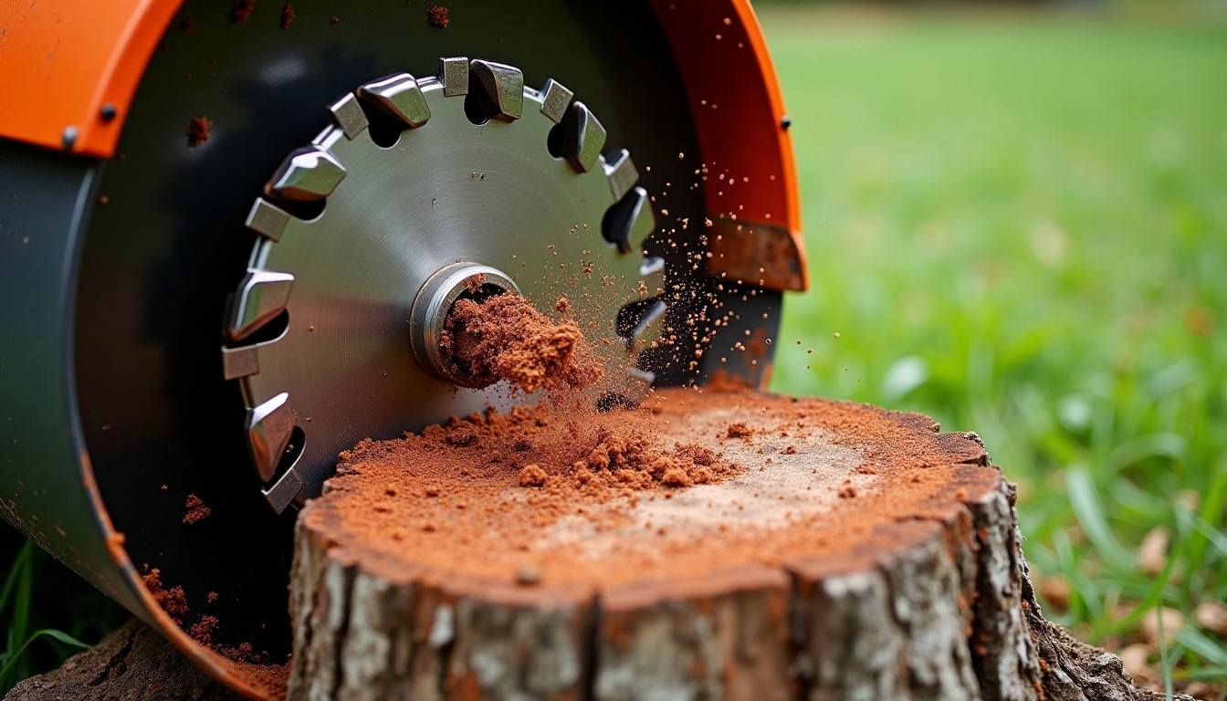 Grinder cutter wheel chewing into an oak stump at ground level