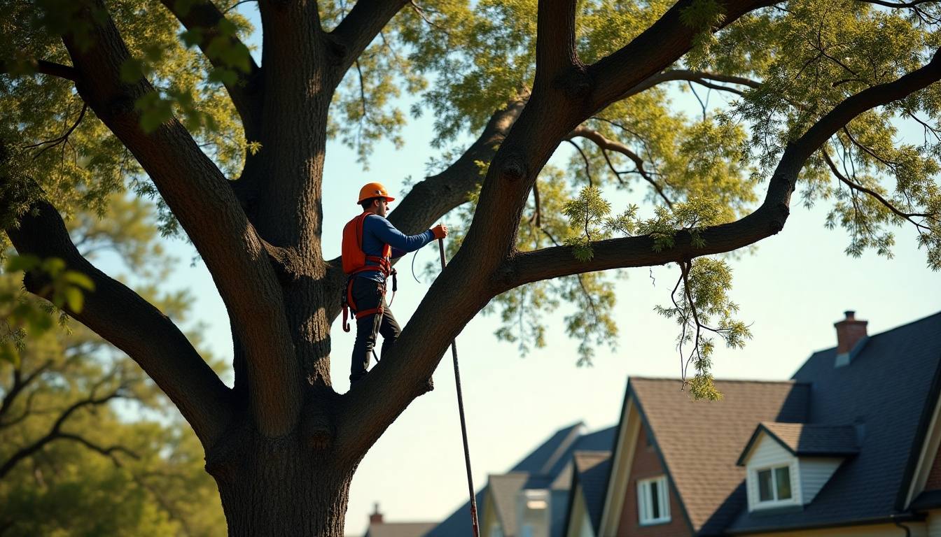 Arborist trimming an oak limb away from a roof